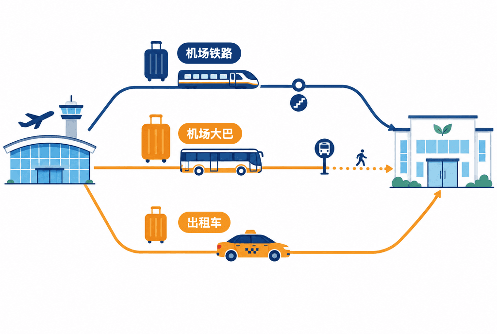 从机场到医院的三种方式:换乘一次的机场铁路、下车后步行一小段的机场大巴,以及直达门口的出租车