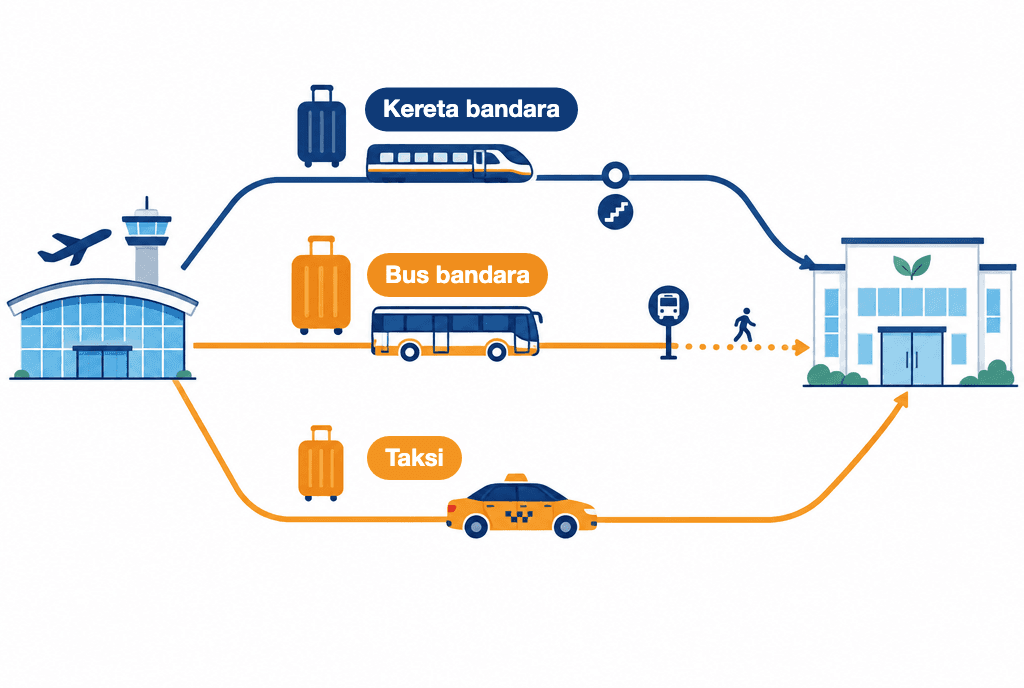 Tiga cara ke klinik dari bandara: kereta bandara dengan satu transit, bus bandara lalu jalan sebentar, taksi sampai pintu