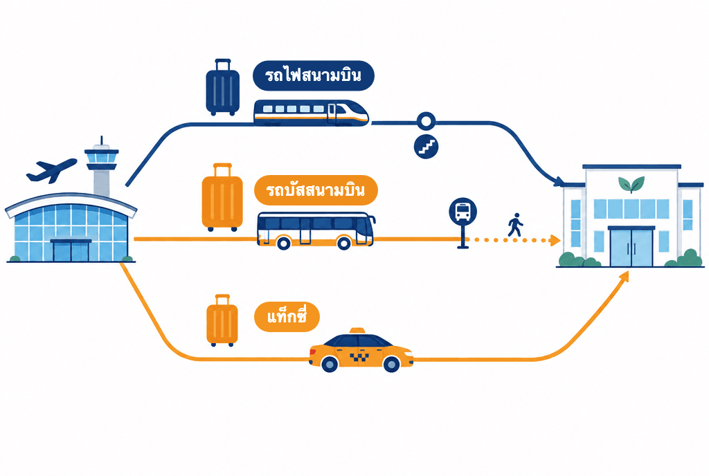 สามวิธีเดินทางจากสนามบินไปคลินิก: รถไฟสนามบินที่ต่อรถหนึ่งครั้ง รถบัสสนามบินที่ต้องเดินต่ออีกเล็กน้อย และแท็กซี่ถึงหน้าประตู