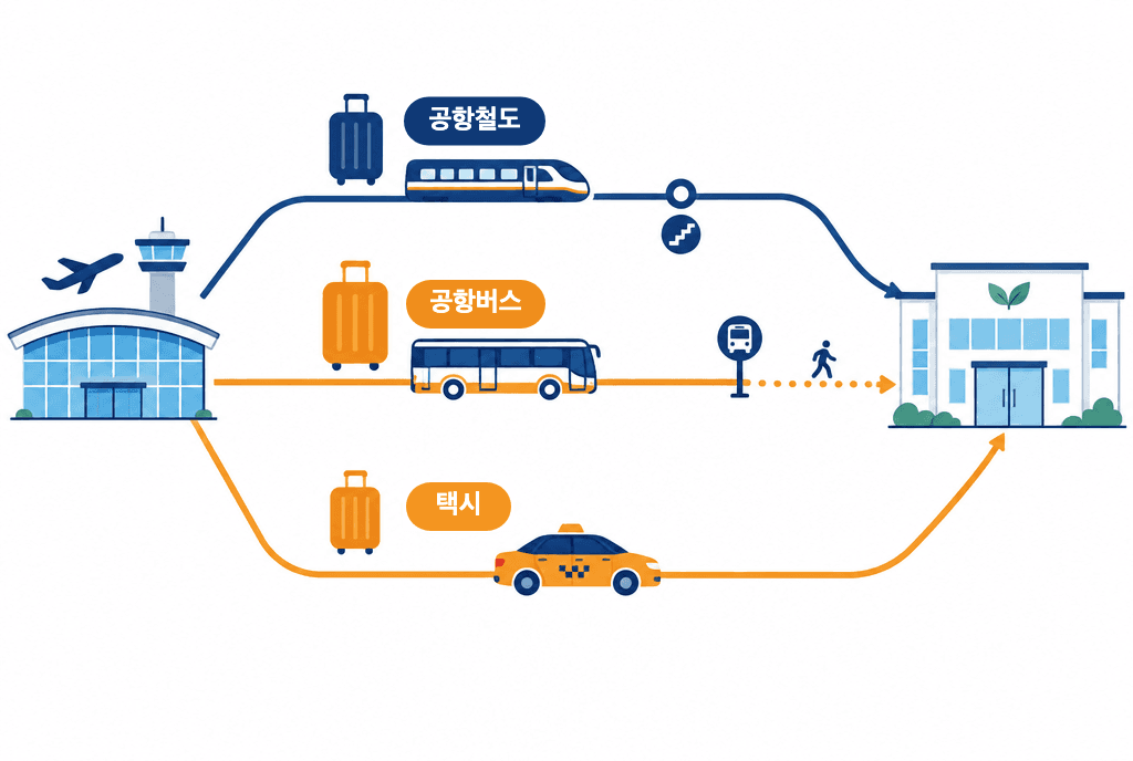 공항에서 병원까지 가는 세 가지 방법: 한 번 갈아타는 공항철도, 내려서 조금 걷는 공항버스, 병원 앞까지 가는 택시