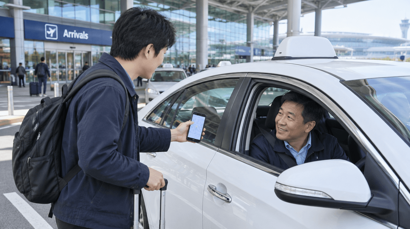 在機場計程車排班處,旅客把手機上的地址拿給計程車司機看