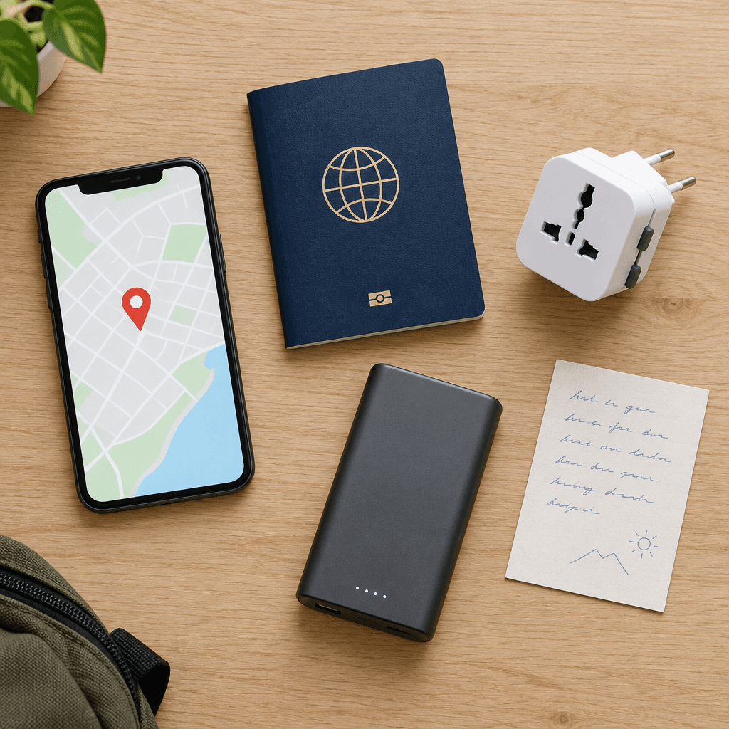 Ponsel yang menampilkan pin peta, paspor, adaptor colokan, power bank, dan kartu catatan