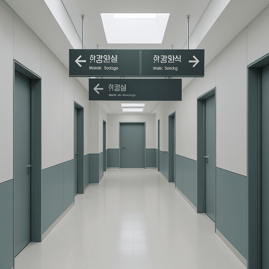 Persimpangan koridor rumah sakit Korea modern, papan petunjuk multibahasa dan dinding abu-biru, cahaya alami dari skylight, interior fasilitas medis yang bersih