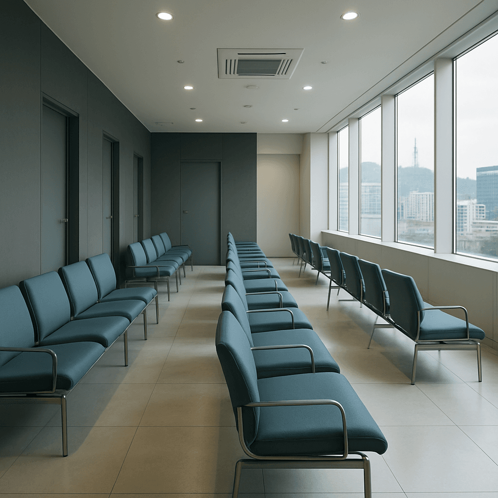 Ruang tunggu fasilitas medis Korea modern, kursi abu-biru dan dinding abu arang, jendela besar dengan cahaya alami, interior premium minimalis dengan pemandangan pusat kota Seoul